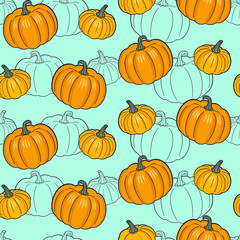 Colorful pumpkins on a green background with black outline pumpkins. Vector seamless pattern for wallpaper, wrapping paper, wrapper, packaging, country fair, farm market, food store, shop and print