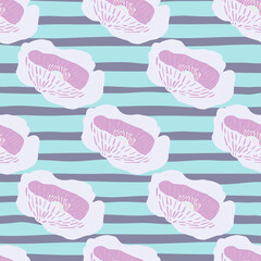 Light purple flower buds seamless pattern. Doodle poppy ornament on blue stripped background.