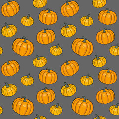 Orange pumpkins of different sizes on a gray background. Vector seamless pattern for wallpaper, wrapping paper, wrapper, packaging, country fair, farm market, food store, shop, textile, menu and print