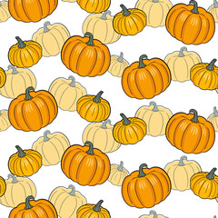 Colorful orange pumpkins on a white background with pale pumpkins. Vector seamless pattern for wrapping paper, wrapper, packaging, wallpaper, country fair, farm market, food store, shop, print, menu