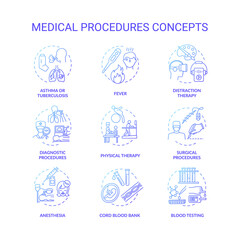 Medical procedures concept icons set. Professional healthcare. Diseases diagnostics and treatment services idea thin line RGB color illustrations. Vector isolated outline drawings