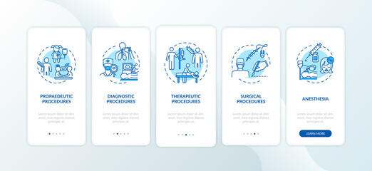 Medical procedures types onboarding mobile app page screen with concepts. Clinical diagnostics walkthrough five steps graphic instructions. UI vector template with RGB color illustrations