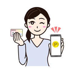 Woman smile with smartphone, personal card