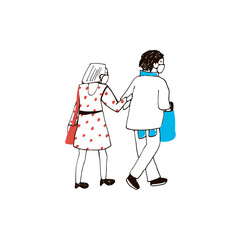 People couple man and woman in medical masks hand drawn cartoon vector illustration