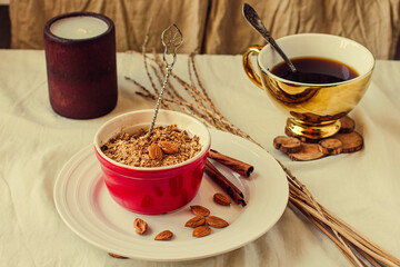 Fruits and nuts crumble pie in a red portion form. Dessert with fruits, oatmeal and almonds....