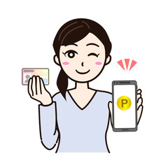 Woman smile with smartphone, personal card