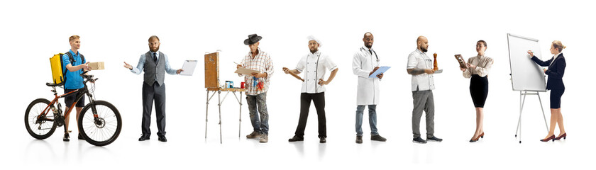 Obraz na płótnie Canvas Group of people with different professions isolated on white studio background, horizontal. Modern workers of diverse occupations, male and female models like accountant, butcher, deliveryman, teacher