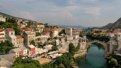 Fototapeta na wymiar View over the old town of Mostar and the old bridge over the Neretva River