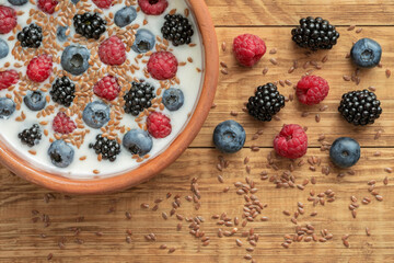 Yogurt with blueberries, raspberries, blackberries, flax seeds in a clay bowl. Served vegetarian...