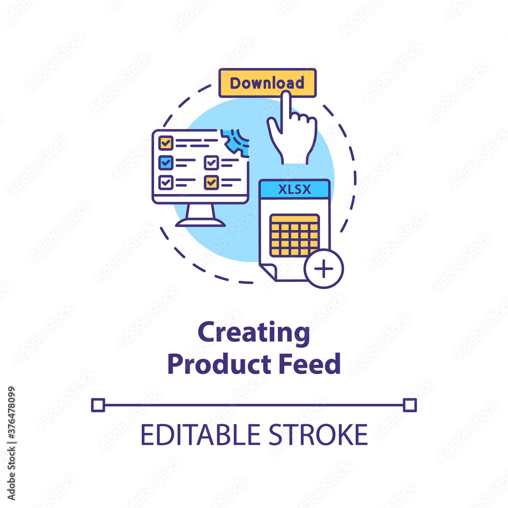 Poster creating product feed concept icon. xml data feed idea thin line illustration. e-commerce marketing.
