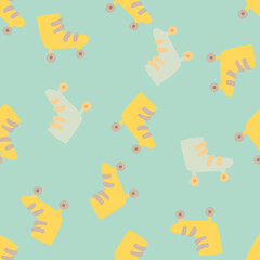 80s seamless doodle pattern with roller elements. Random doodle shoes print in yellow color on blue background.