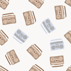 Random isolated seamless pattern with doodle tape recorder elements. Light brown ornament on white background.