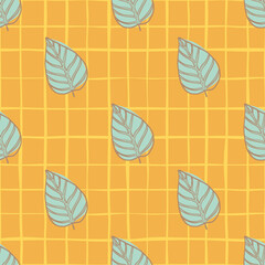 Bright summer seamless floral leaf pattern. Botanic blue contoured silhouettes on orange chequered background.