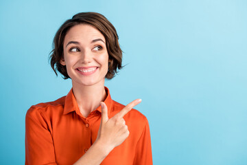 Closeup photo of attractive funny lady cute bobbed hairdo direct finger look interested side empty...