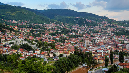 Fototapeta na wymiar A view over the Sirokaca neighbourhood and the Miljacka River in Sarajevo