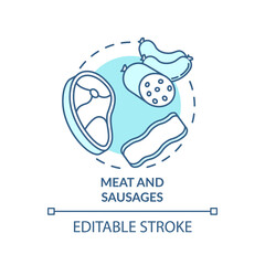 Meat and sausages concept icon. Fresh meal ingredients. Fresh beef, pork, chicken. Restaurant menu idea thin line illustration. Vector isolated outline RGB color drawing. Editable stroke