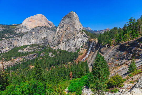 Half Dome, Mount Broderick and Liberty Cap with Nevada Fall waterfall on Merced River, Yosemite National Park, UNESCO World Heritage Site, California