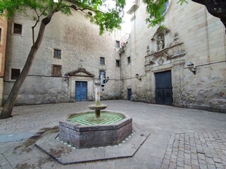 Barcelona,Catalonia/Spain - 2020 Barcelona during the lockdown because of the pandemic corona virus, covid 19.
Square of San Felipe Neri, pla&ccedil;a de Sant Felip Neri,at the centre of the Catalan capital.