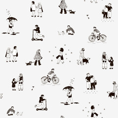 People in medical masks hand drawn cartoon vector seamless pattern