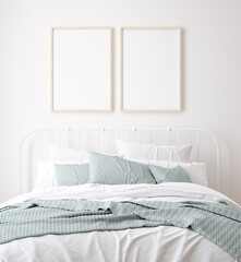 Mockup frame in bedroom interior background, Farmhouse style, 3d render	