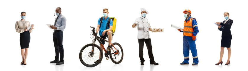 Group of people with different professions on white studio background, horizontal. Modern workers of diverse occupations, male and female models like accountant, cook, deliveryman, teacher, doctor.