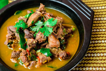 Thai spicy meat curry ready for serve