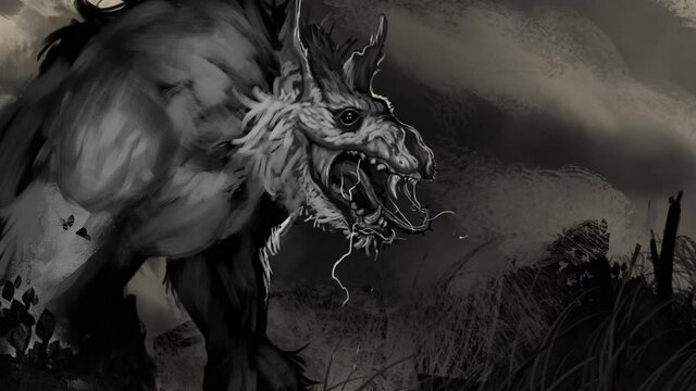 Animated painting of a frightening undead werewolf zombie creature - animated digital fantasy illustration
