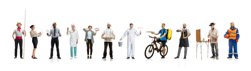 Fototapeta na wymiar Group of people with different professions on white studio background, horizontal. Modern workers of diverse occupations, models like accountant, cook, deliveryman, teacher, doctor, painter, builder.
