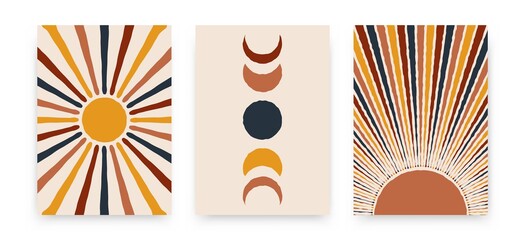 Abstract sun moon posters. Contemporary backgrounds, set of covers modern boho style. Mid century wall decor, vector art print