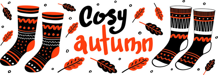 Doodle сosy autumn warm socks design. Black and orange ornament clothes with lettering and oak leaves. Flat vector illustration. Trendy seasonal pattern. 