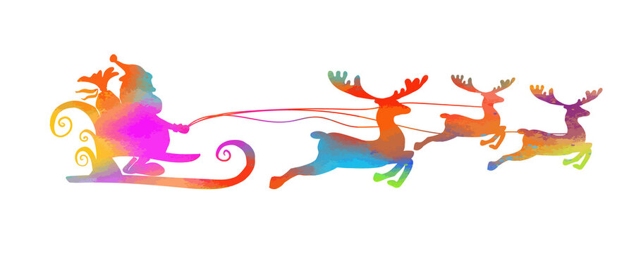 Santa Claus in a sleigh rides on deer. Vector illustration