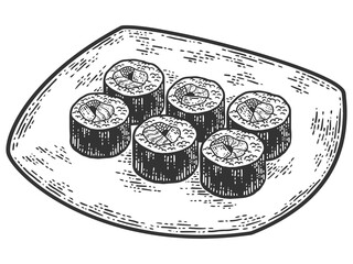 Sushi plate set. Japanese food. Sketch scratch board imitation.