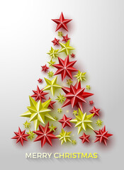 Christmas tree made of red and yellow stars. Vector illustration.