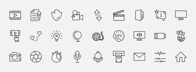International Film Day Set Line Vector Icons. Contains such Icons as Clapperboard, Camera, Video, Play, Film, Lens, Microphone, Media settings and more. Editable Stroke. 32x32 Pixels