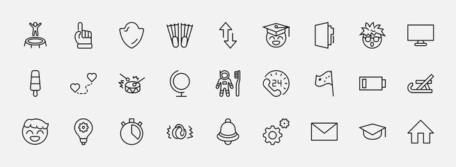 International World Day of Children's Inventions Set Line Vector Icon. Contains such Icons as Toothbrush astronauts, Trampoline, Flippers, Frozen juice, earmuffs. Editable Stroke. 32x32 Pixels