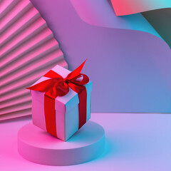 Gift box with red ribbon on trendy neon color background. zero gravity. levitation. copyspace....