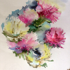 Abstract bright colored decorative background . Floral pattern handmade . Beautiful tender romantic bouquet of summer aster flowers , made in the technique of watercolors from nature.