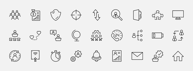 Set of People Management Related Vector Line Icons. Contains such Icons as Target, Puzzle, Certificate, Personal data processing, Task Manager, Qualification, Head Hunting and more. Editable Stroke