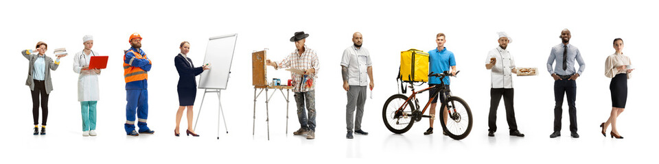 Group of people with different professions on white studio background, horizontal. Modern workers...