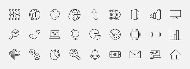 Set of Data Analysis Related Technology Vector Line Icons. Contains such Icons as Charts, Search, Graphs, Traffic Analysis, Big Data and more. Editable Stroke. 32x32 Pixels