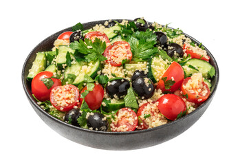 Salad of couscous and vegetables in a bowl isolated on a white background. Tabbouleh of couscous, tomatoes, cucumbers, parsley and olives. Arabic or African cuisine.