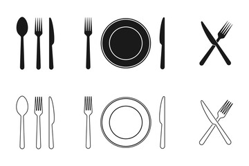 Plate, knife, fork and spoon icons set. Tableware flat and line icons collection. Vector illustration.