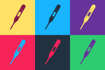 Pop art Medical digital thermometer for medical examination icon isolated on color background. Vector.