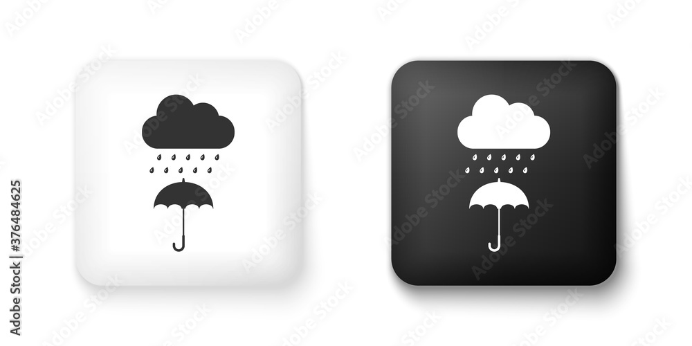 Poster black and white cloud with rain drop on umbrella icon isolated on white background. square button. v