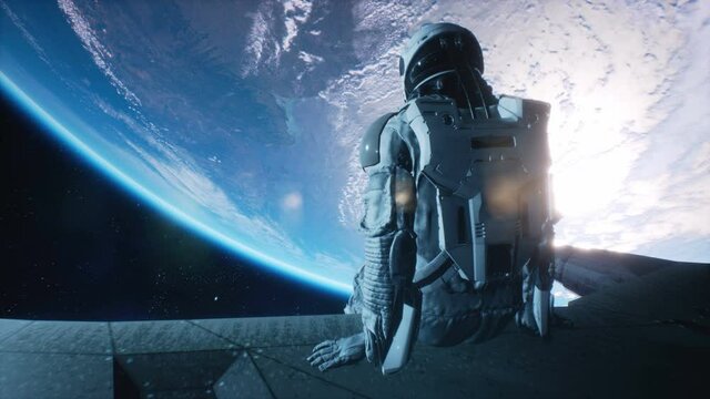 A female astronaut sits on the hull of her spaceship and admires the beautiful planet. Animation for fiction, futuristic or space travel backgrounds.