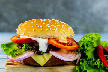 Cheese Burger Delicious fresh on the wooden table