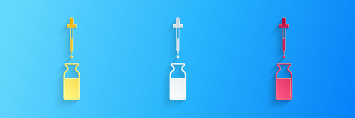 Paper cut Glass bottle with a pipette. Vial with a pipette inside and lid icon isolated on blue background. Container for medical and cosmetic product. Paper art style. Vector.