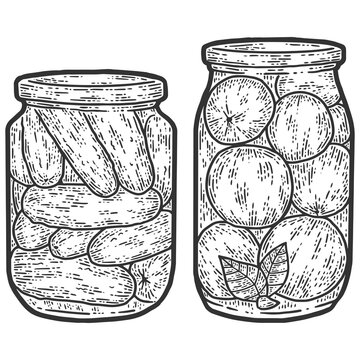 Preservation, set. Two jars of cucumbers and tomatoes. Sketch scratch board imitation.