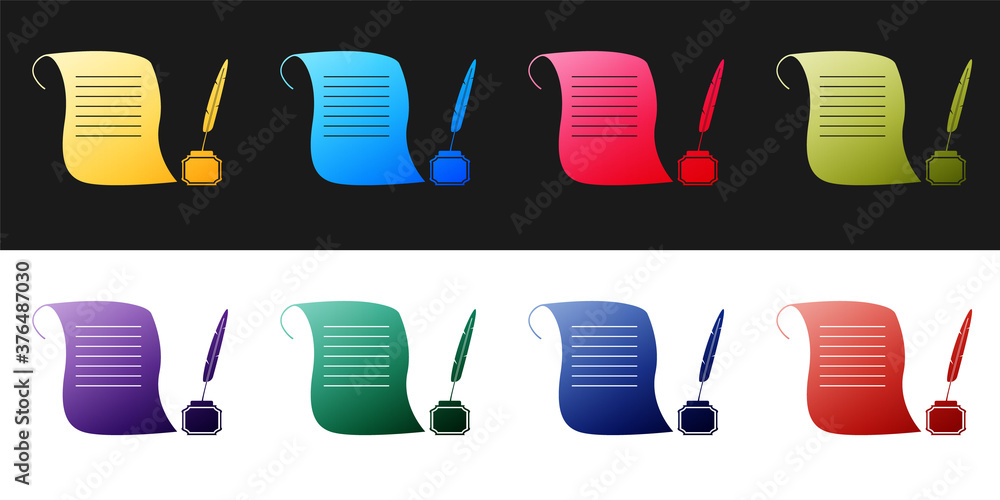 Poster set feather in the inkwell and paper scroll icon isolated on black and white background. vector.
