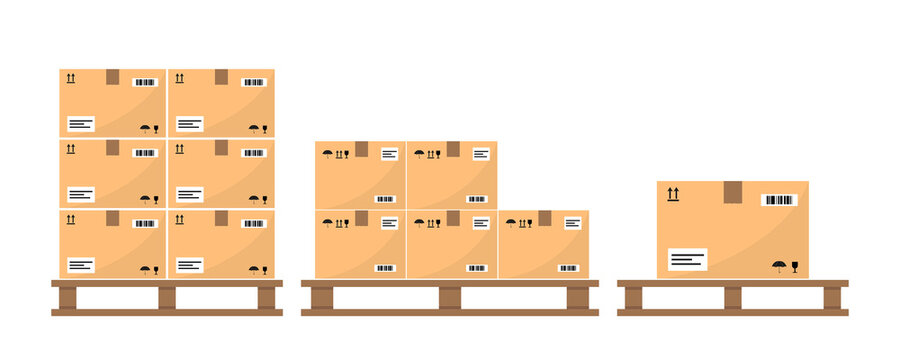 Cardboard boxes on a wood pallet. Different Boxes on warehouse stack front view. Boxes on wooden pallet vector illustration. Packaging cargo. Delivery service. Carton delivery packaging box
